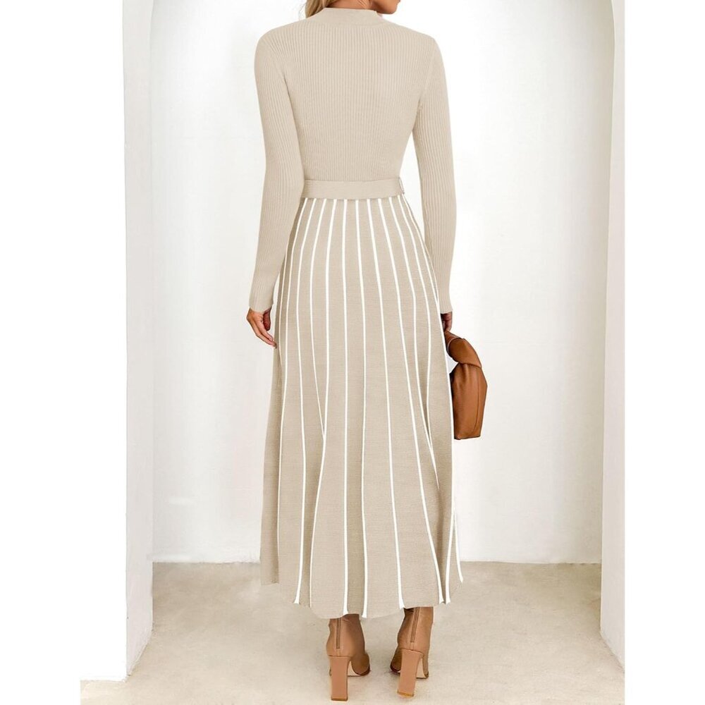 Women's Apricot Tie Waist Casual Loose Ribbed Knit Long Sleeve Sweater Midi Dres - Picture 4 of 6
